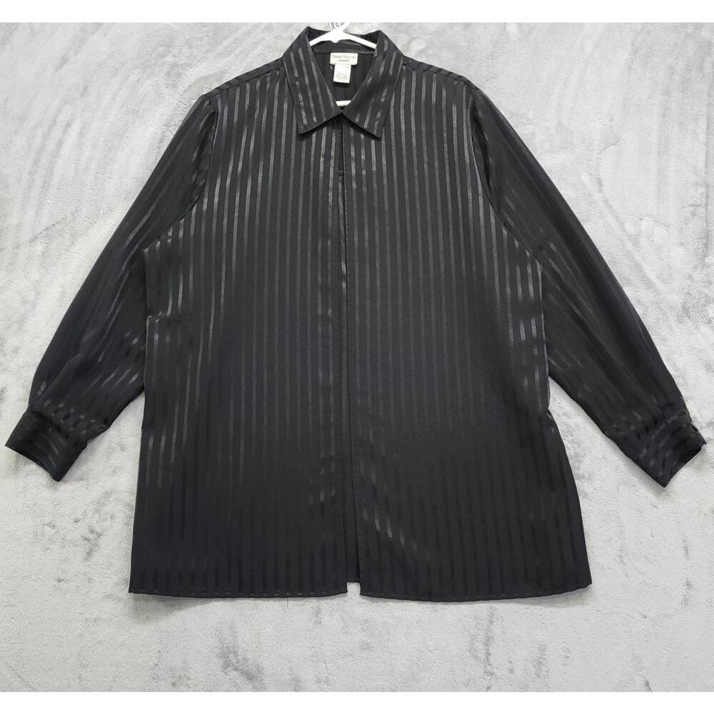 Vintage Dana Taylor Woman Top Size 1X Black Satin Tonal Striped Single Button